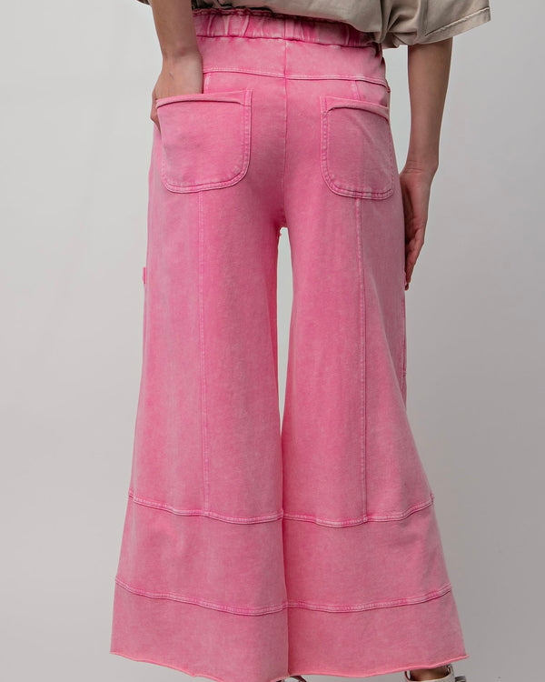 Pink or Green Mineral Washed Terry Knit Wide Leg Cargo Lounge Pants