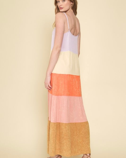 Multicolor Washed Lavender, Orange & Rose Tiered Block Cami Midi Spaghetti Strap Sundress