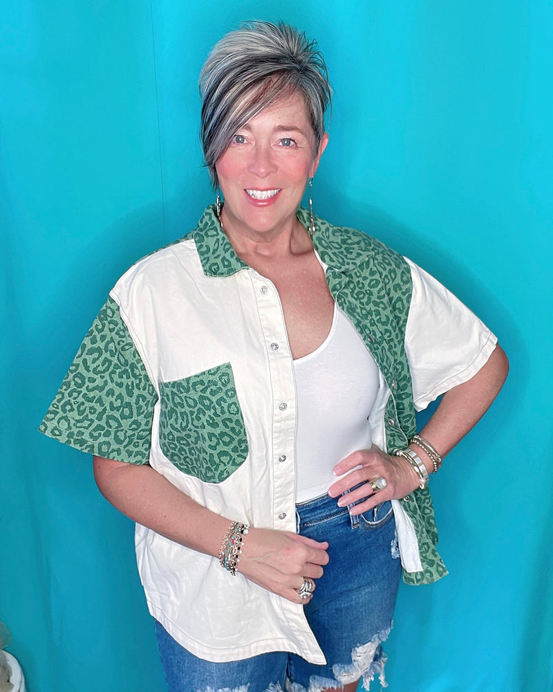 Faded Pink or Green & White Color Block Leopard Denim Shirt Shirket