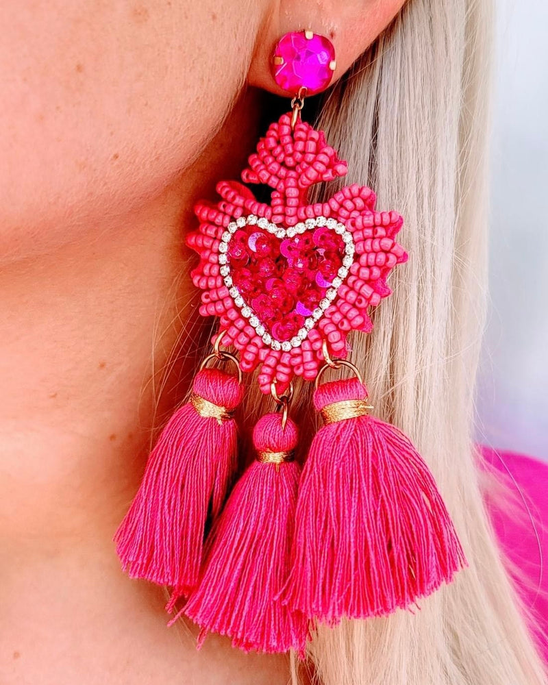 Turquoise Green or Pink Heart Beaded & Rhinestone Post Drop Tassel Earrings