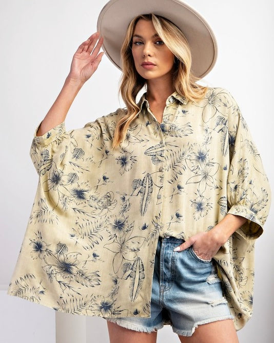 Khaki & Black Hawaii Tropical Graphic Print Button Down Dolman Short Sleeve Top