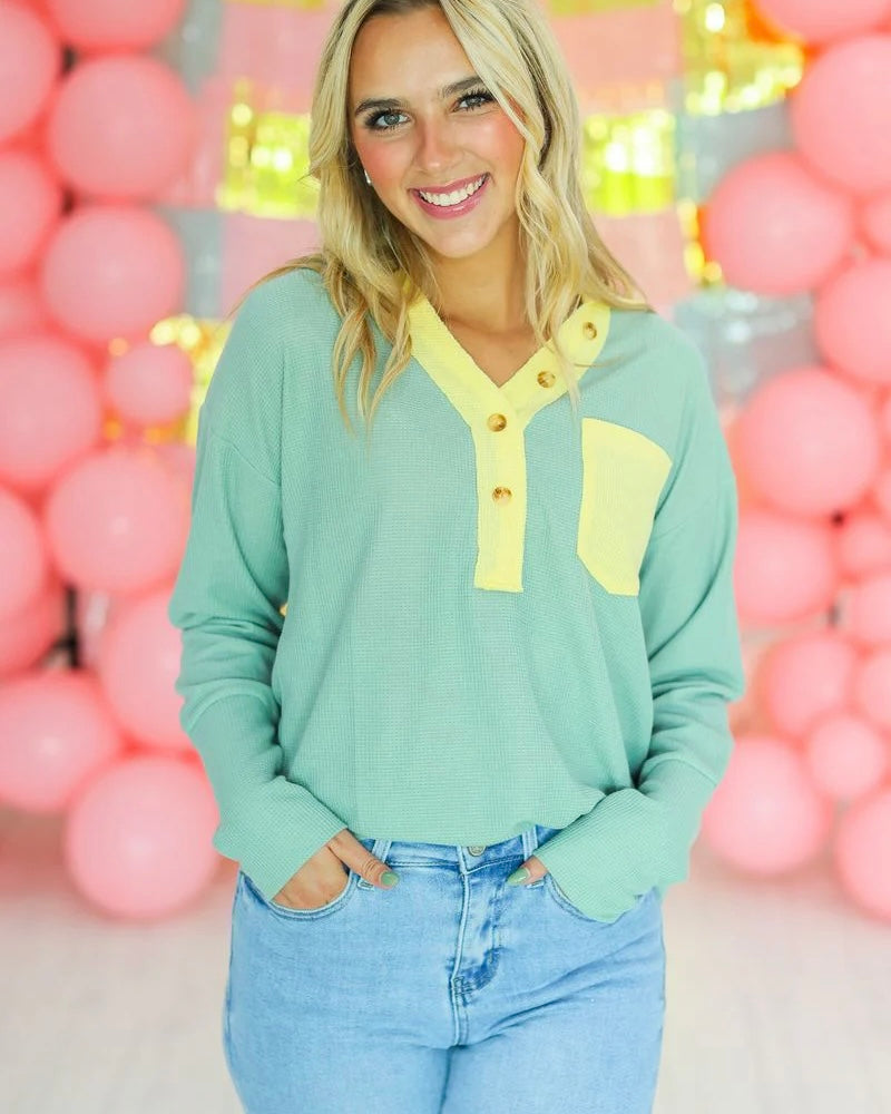 Sage Green and Yellow waffle knit long sleeve button neck top