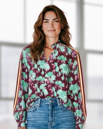 Blue & Yellow or Mauve & Green Floral Long Sleeve Open Neck Top