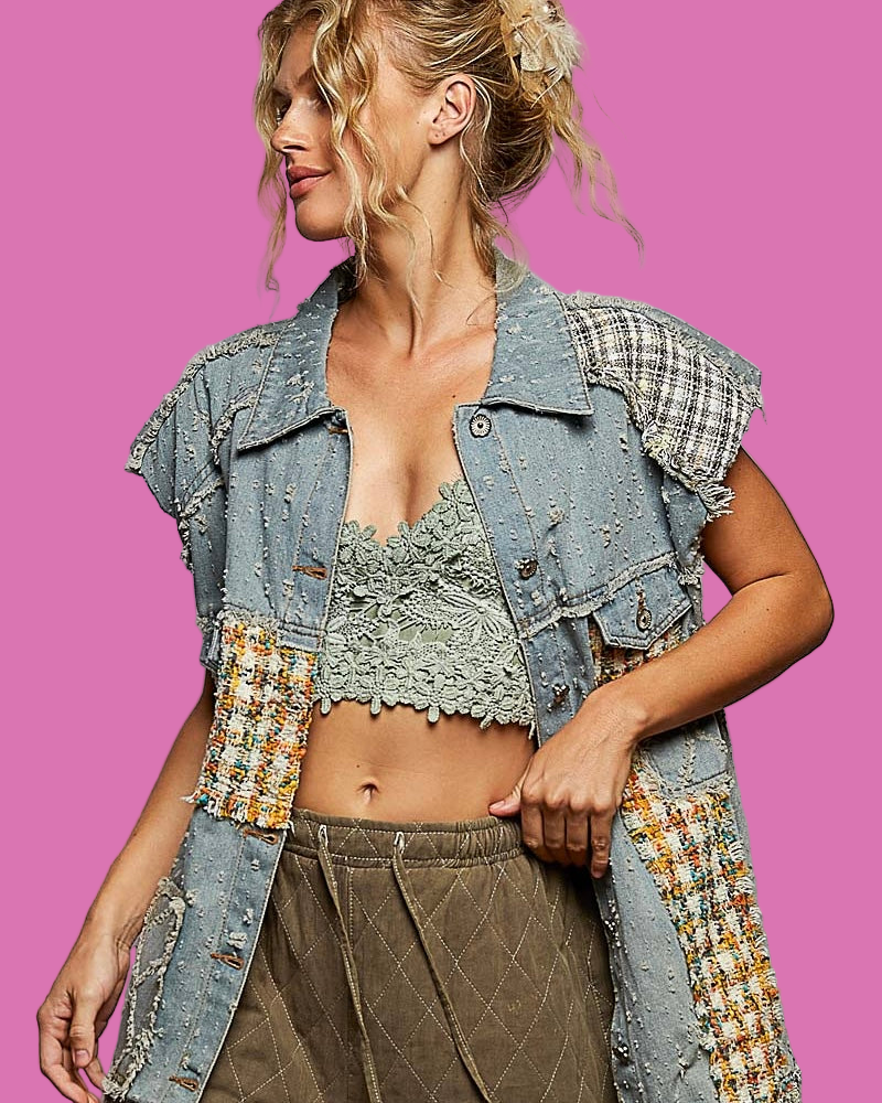 Denim Mix Patch Button Down Vest Jacket