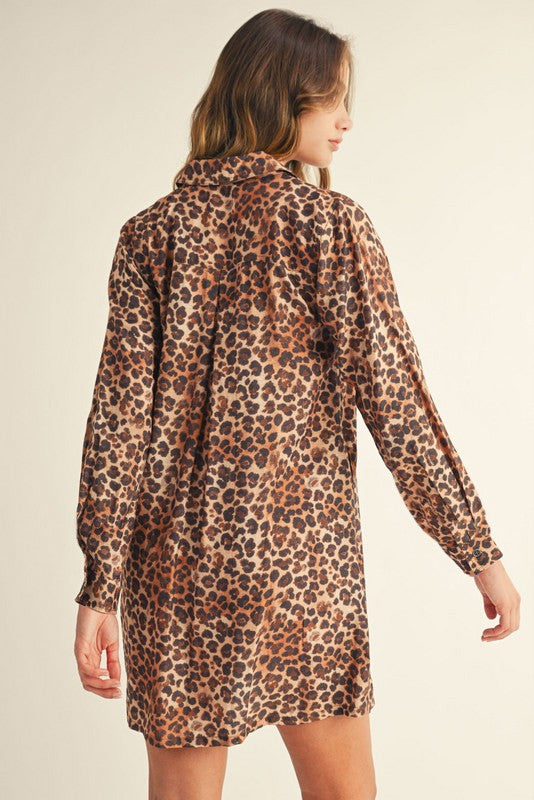 Brown Solid Contrast Accent Leopard Button Down Long Sleeve Shirt Tunic Dress