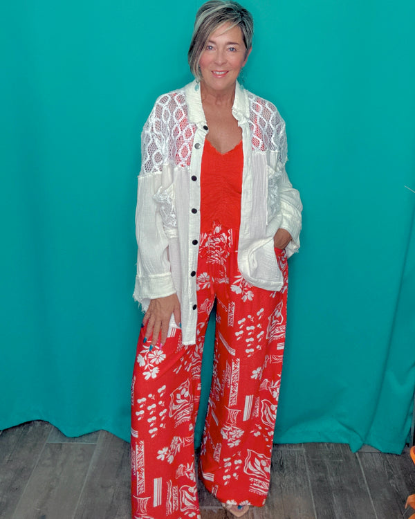 Red & White Tropical Cherry Wide Leg Elastic Waist Pant