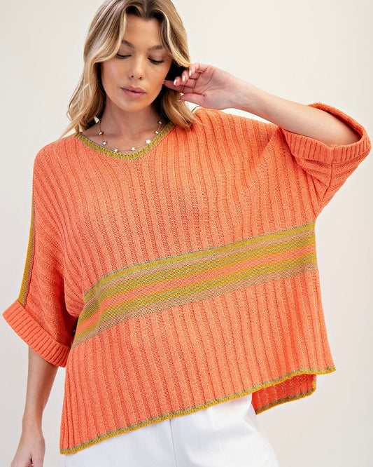 Blue or Orange 3/4 Sleeve VNeck Ribbed Sweater Knit Top