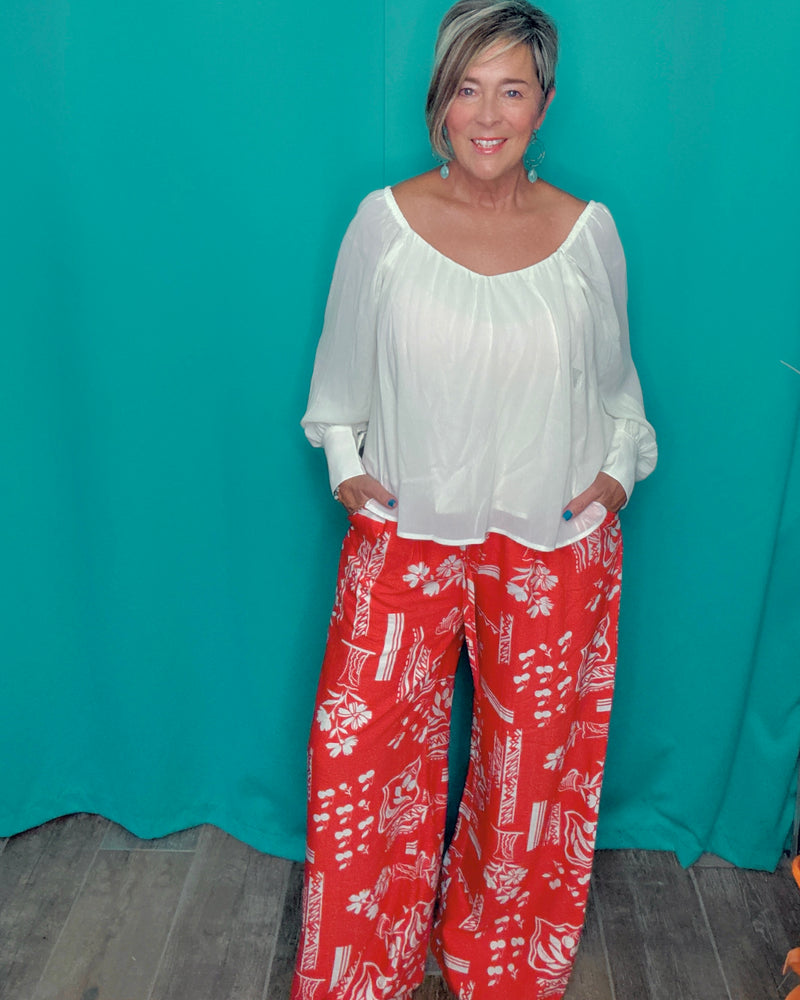 Red & White Tropical Cherry Wide Leg Elastic Waist Pant