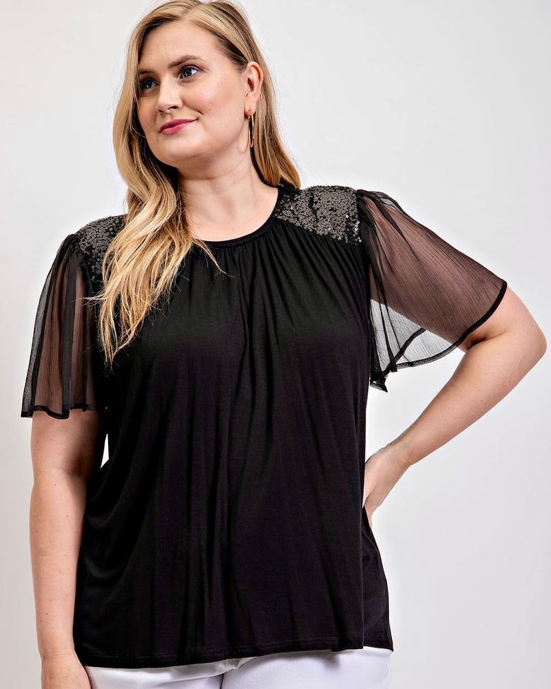 Black Sequin Contrast Shirring Detail Sheer Flutter Flare Short Sleeve Top