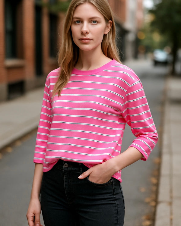 Pink w/Multicolor Stripe Textured Waffle Knit Long Sleeve Top