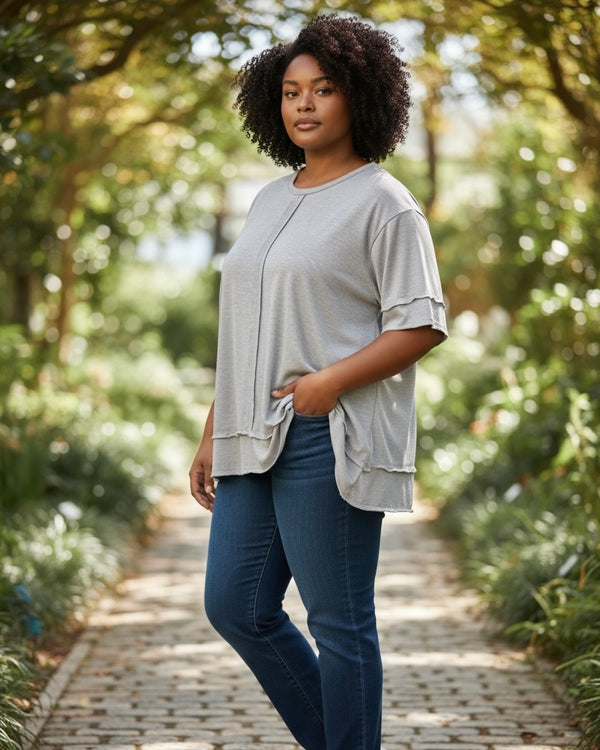 Plus Size Solid White or Gray Outside Stitch Short Sleeve Round Neck Tunic Top
