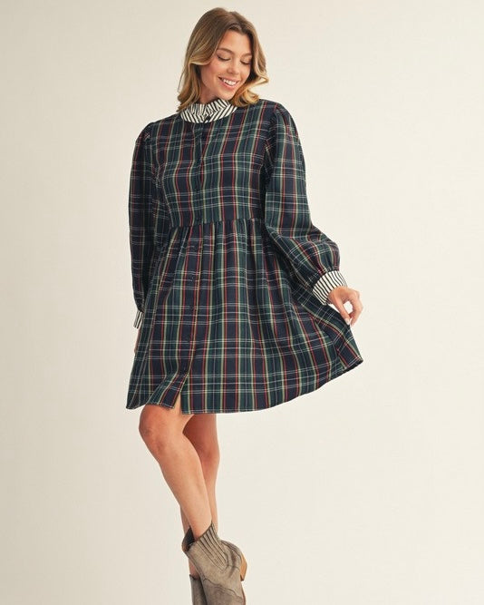 Navy Blue Plaid or Tan Plaid Long Sleeve Contrast Button Neck Dress