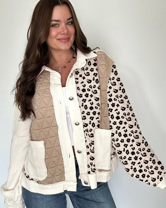 Cream Waffle & Brown Leopard Quilted Patchwork ColorBlock Button Front Jacket