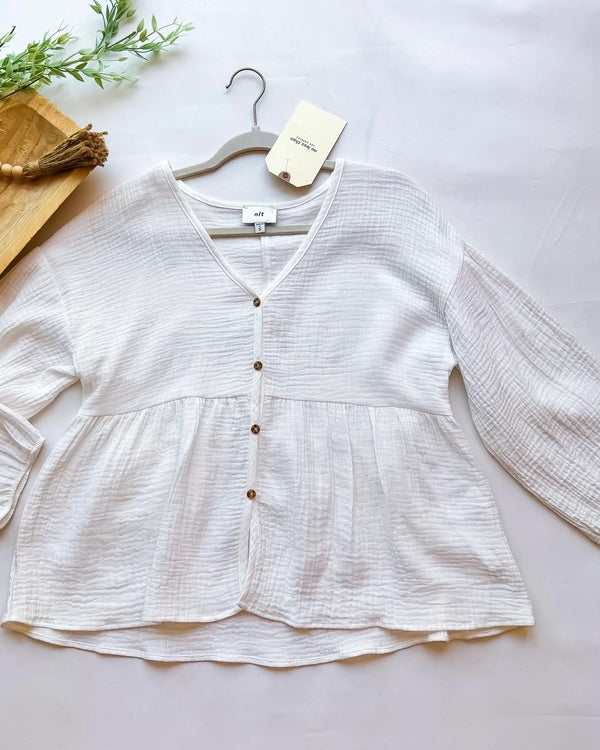 Solid White Long Balloon Sleeve Button Front Gauze Top