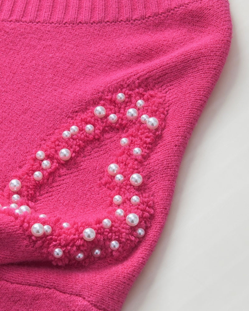 Pink Sweater with Raised Hearts Embellished with Pearls Long Sleeves