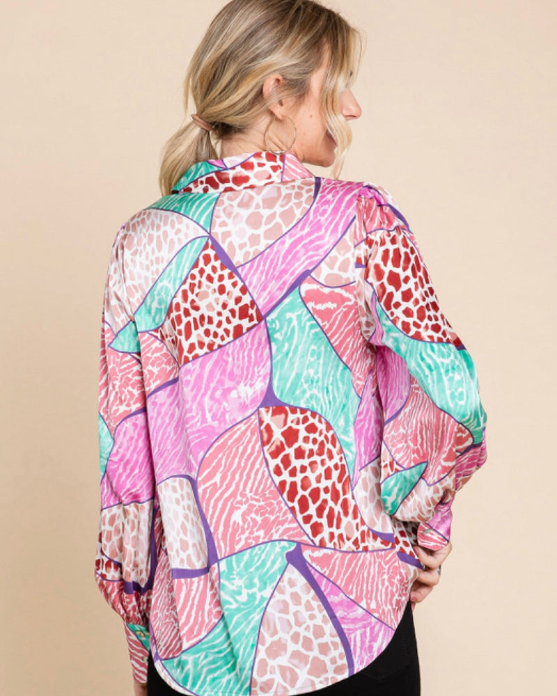 Pink & Turquoise Multi Mix Media Animal Leopard Block Print Satin Long Sleeve Blouse