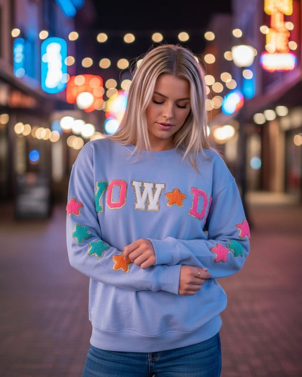 Lilac Fleece with Chenille "Howdy" and Star Patches Pullover Sweatshirt Top