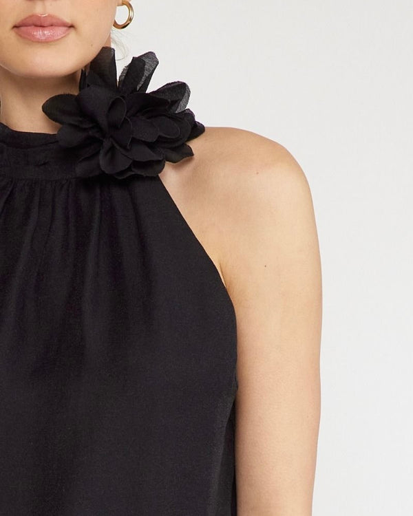 Solid Black Mock Neck Halter Flower Tank Top