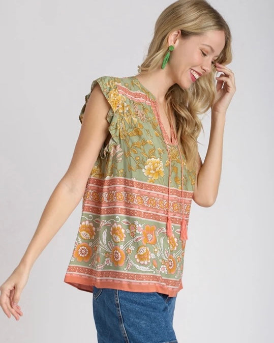 Sage Green, Orange or Purple Boho Mix Border Print Short Ruffle Cap Sleeve Front Tassel Split Neck Top