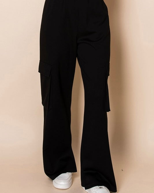 Casual Black Wide Leg Lounge Cargo Pants with Pockets