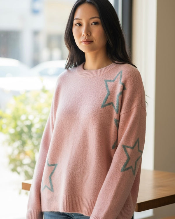 Light Blush Pink Star Long Sleeve Crew Neck Sweater