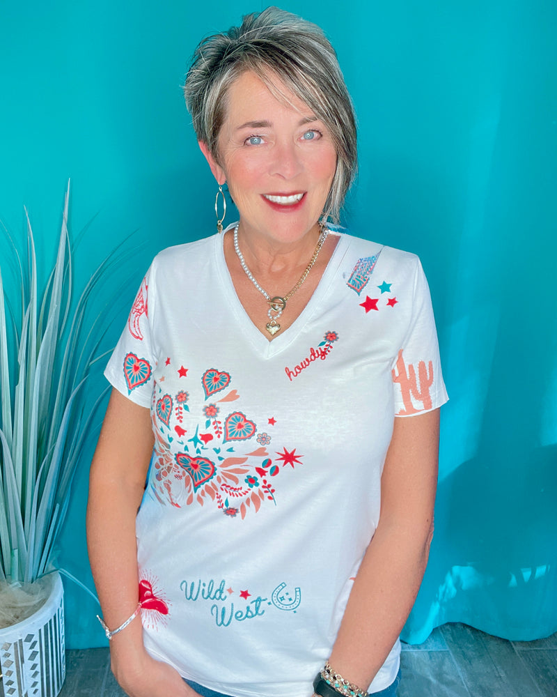 White Wild West T-Shirt Top with Western Cowgirl Flare Hearts