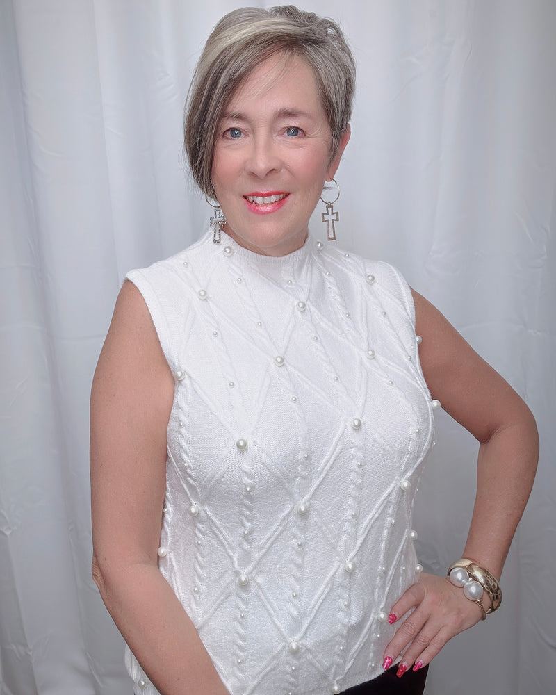 White Cable Knit Pearl Embellished Sleeveless Sweater Top