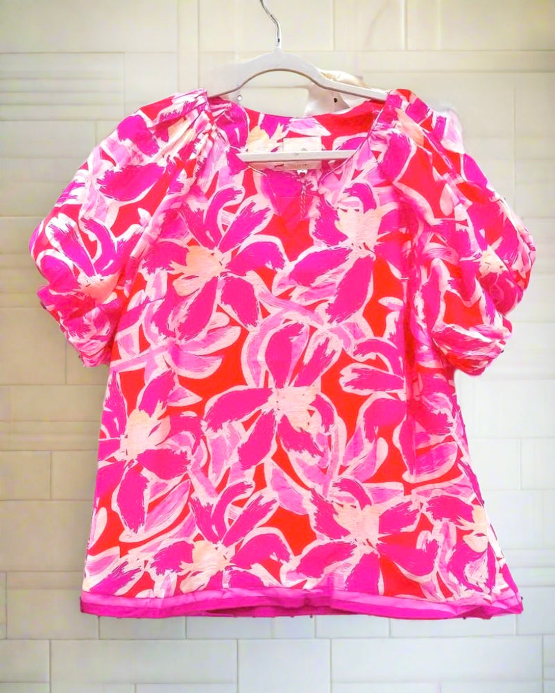 Vibrant Pink Floral Puff Sleeve Stripe Band Hemline Open V Neck Top