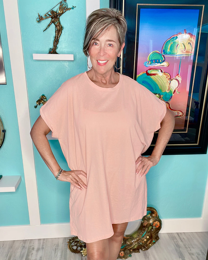 Light Blush Pink Drop Shoulder Boxy Oversized Short Sleeve Tunic Dress