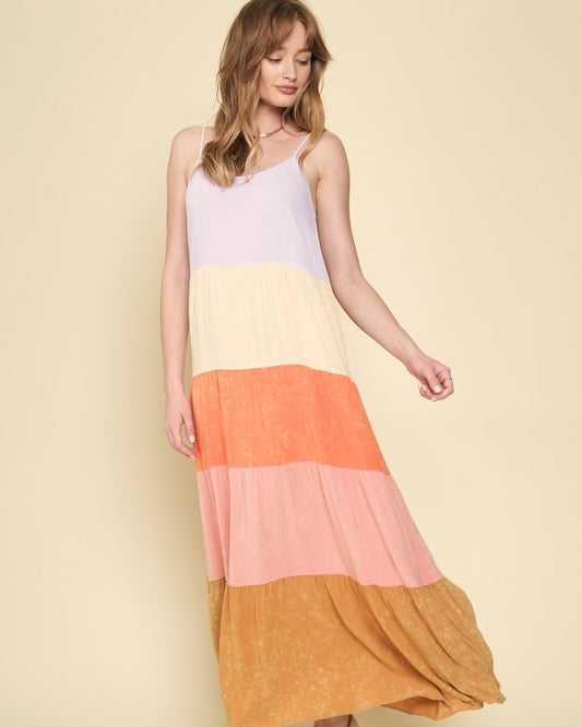 Multicolor Washed Lavender, Orange & Rose Tiered Block Cami Midi Spaghetti Strap Sundress