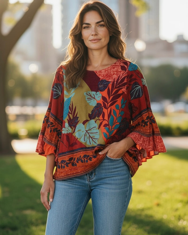 Burgandy Rust Teal Mix Border Print Wide Ruffle 3/4 Sleeve Top