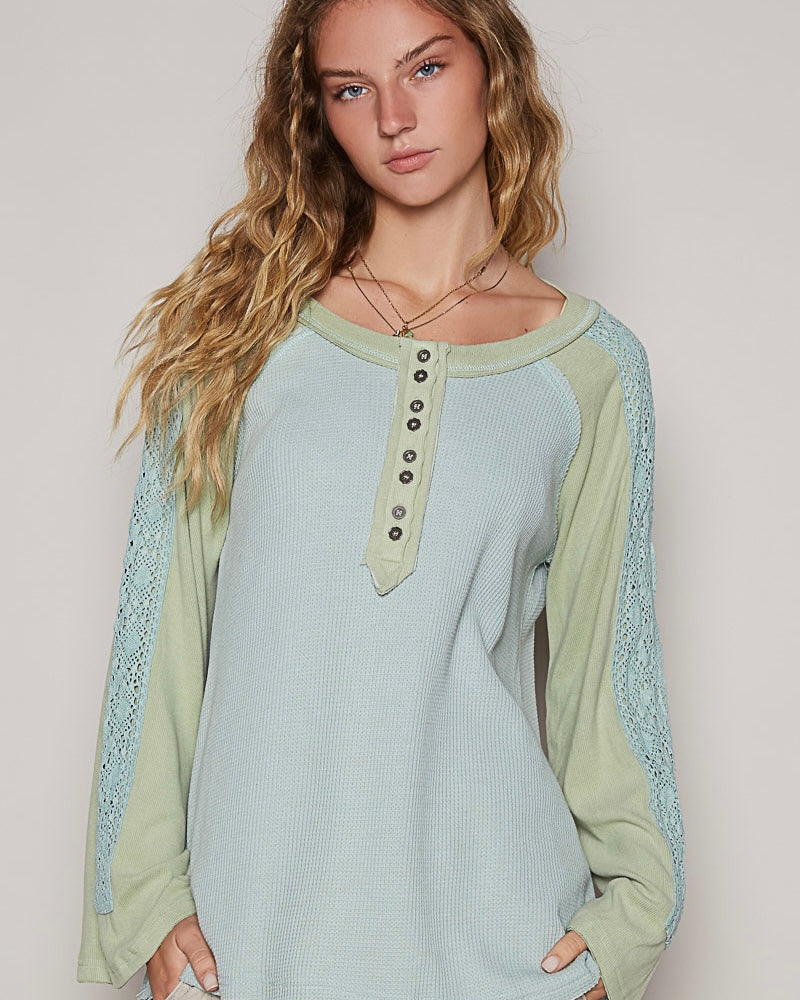 Seafoam Blue & Sage Green Scoop Neck Long Sleeve Raglan Thermal Texture Top