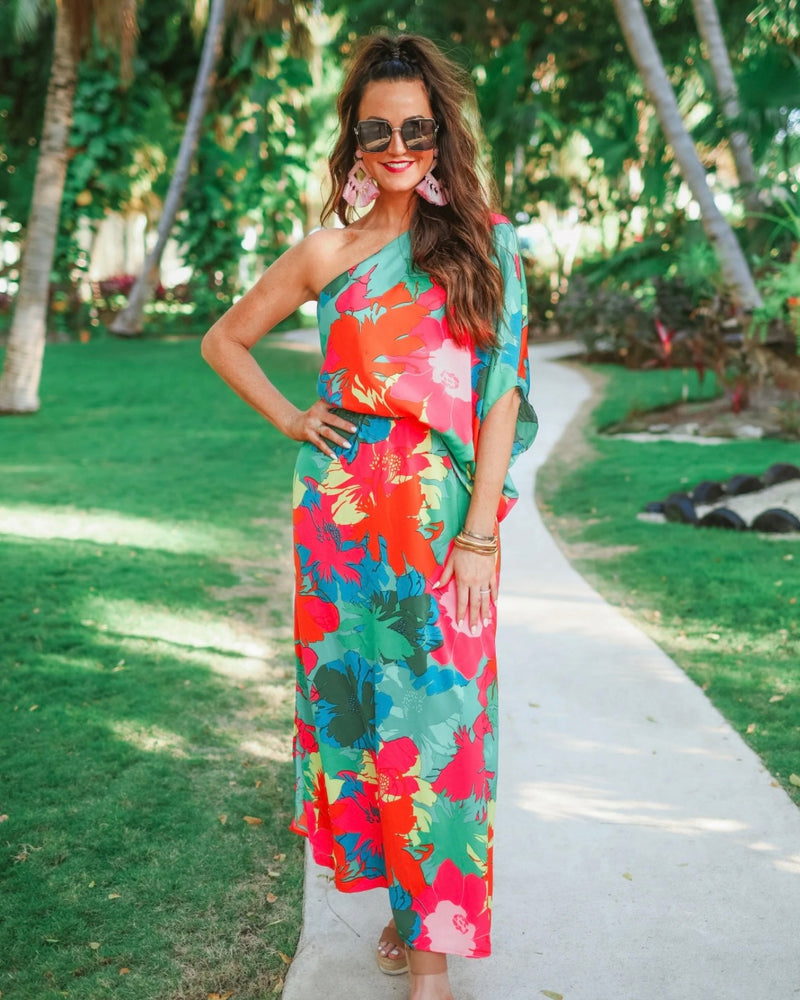 Multicolor Paradise Tropical One Shoulder Maxi Dress