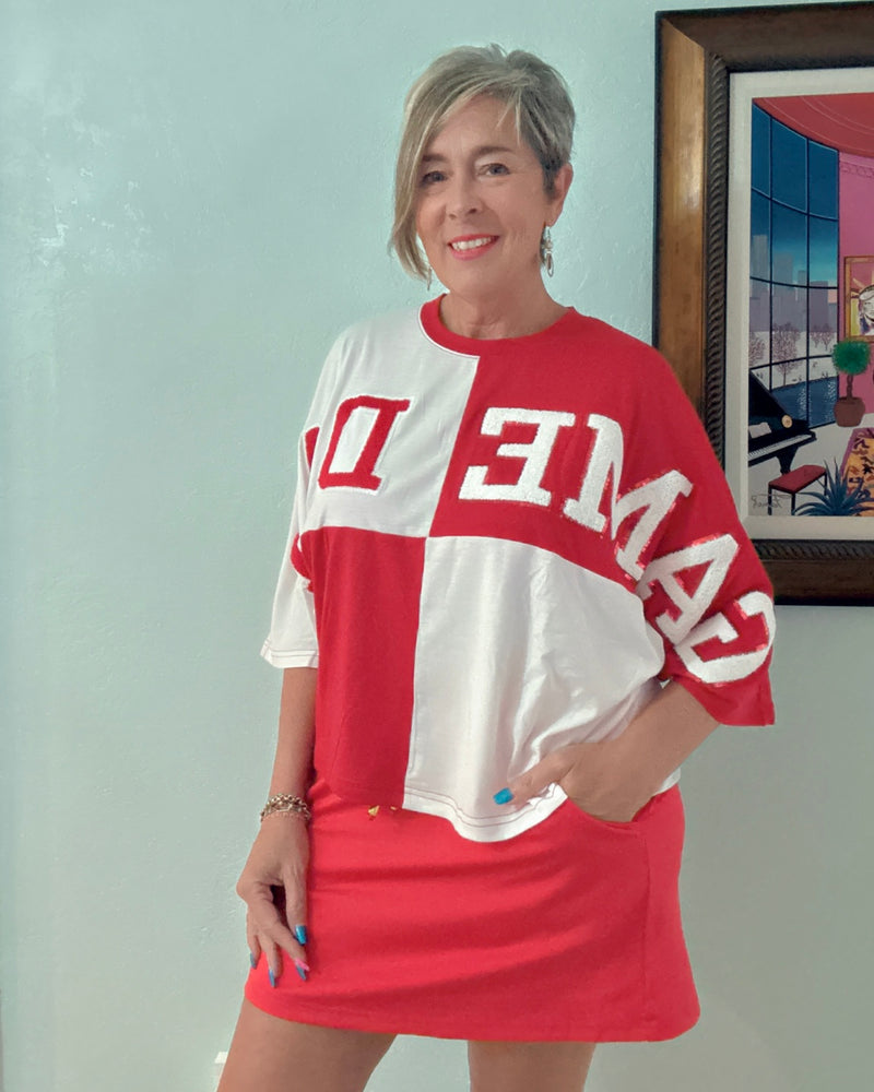 Huddle Up Color Block "Game Day” Chenille Patch 3/4 Sleeve Pullover Top