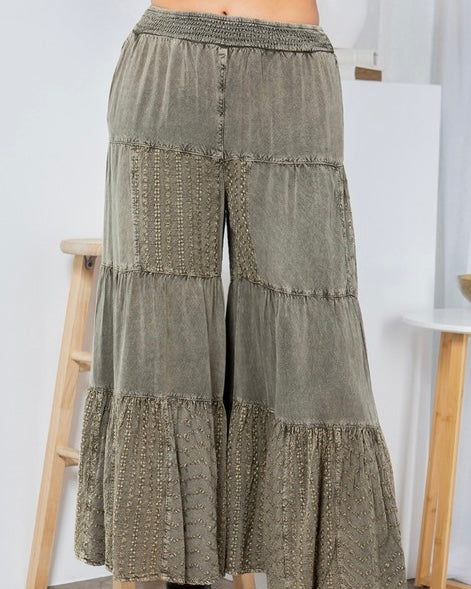 Olive Green Cotton Embroidered Patchwork Tiered Flared Pants
