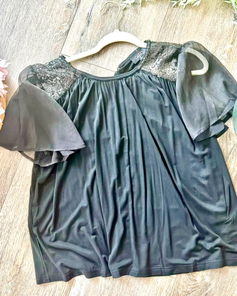 Black Sequin Contrast Shirring Detail Sheer Flutter Flare Short Sleeve Top