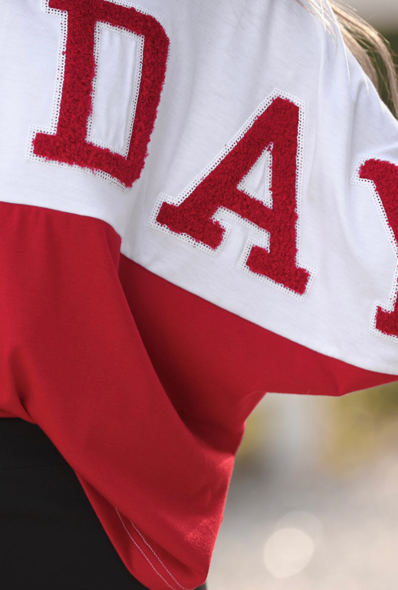 Huddle Up Color Block "Game Day” Chenille Patch 3/4 Sleeve Pullover Top