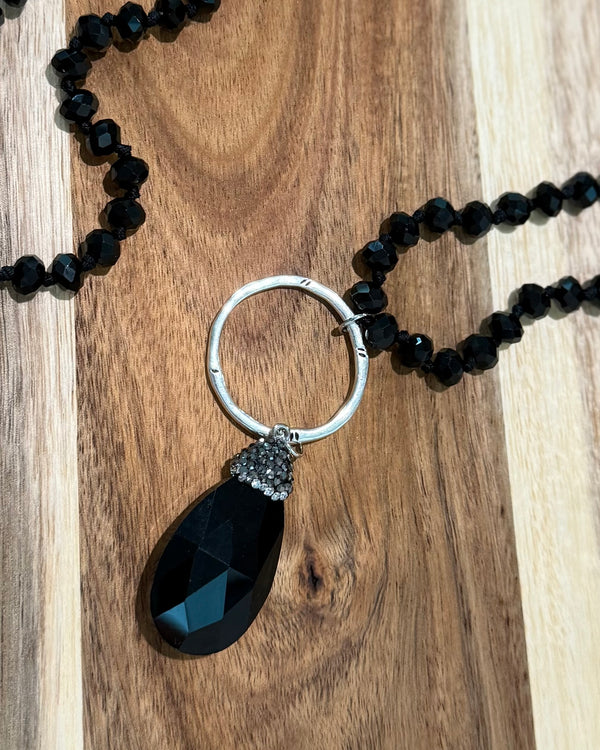 Long Black Beaded Necklace with Black Teardrop Rhinestone Crystal  Pendant