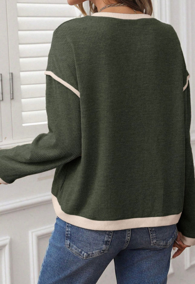 Dark Green Contrast Trim Long Sleeve Drop Shoulder Top