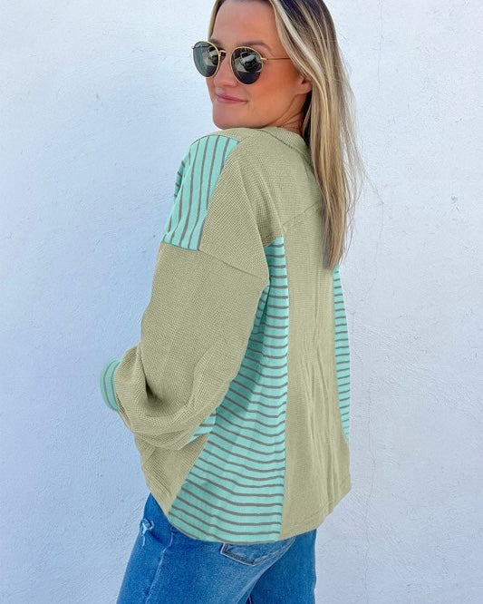 Green Textured Waffle Fabric Striped Patchwork Oversize Pullover