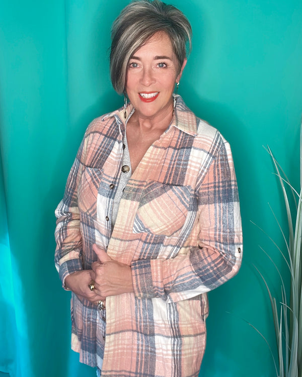 Pink Wool Plaid Button Down Shirt Dress Jacket