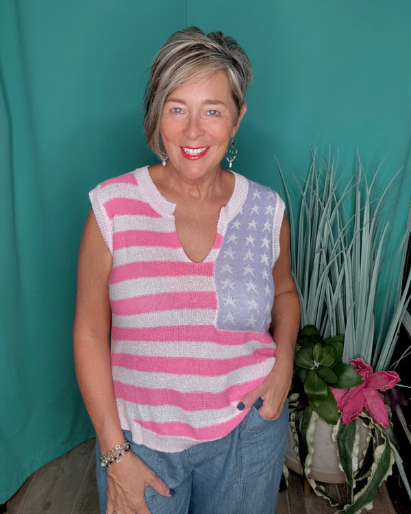 Pink Light Faded Flag Patriotic Stars & Stripes Patriotic Sleeveless Lightweight Sweater Knit  Tank Top