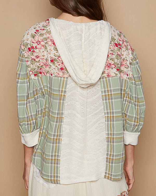 Cream Lace & Olive Green Floral Plaid Mix Button Down Oversize Hoodie Shirket Top