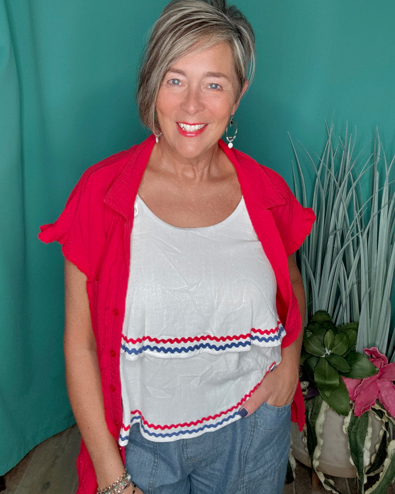 True Red Button Down Short Sleeve Gauze Top