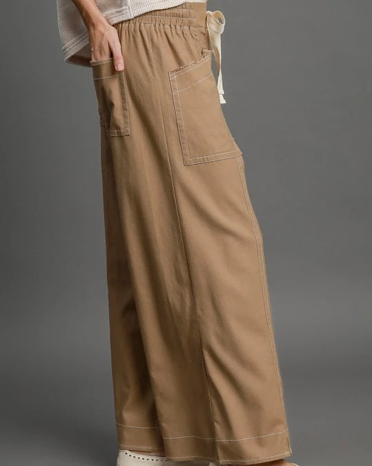 Brown Linen Blend Wide Leg Drawstring Pocket Pants