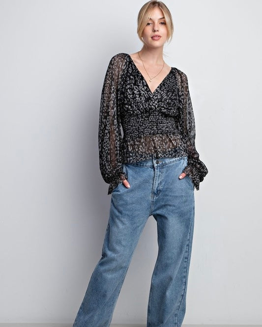 Black Pleated Shiny Peplum Long Sleeve Elastic Neckline