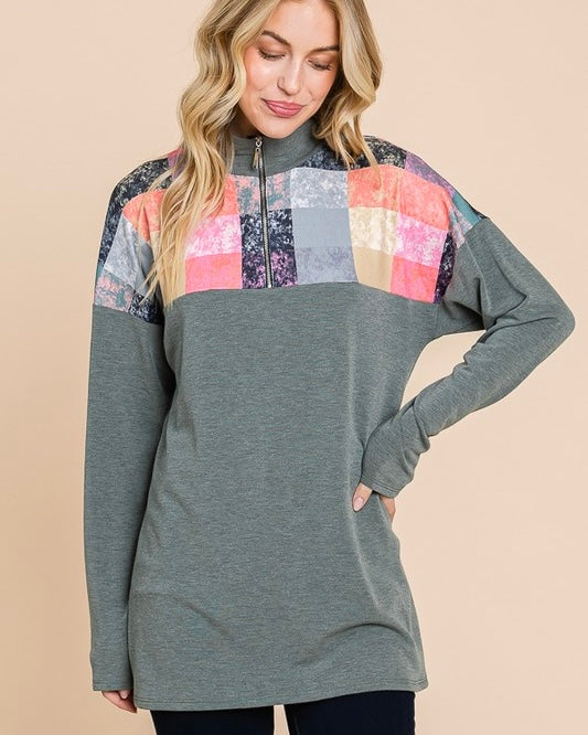 Green Multicolor Plaid Patch Long Sleeve Zip Neck Top