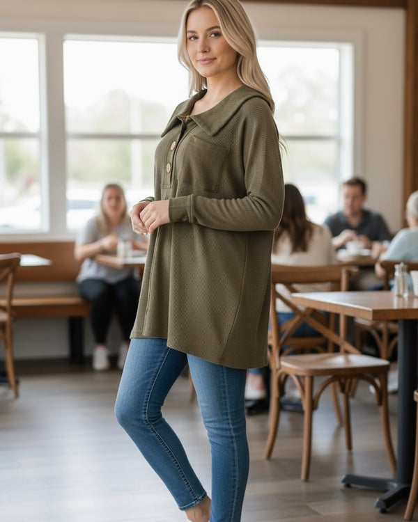 Casual Olive Green Waffle Texture Lightweight Knit Long Sleeve Tunic Top