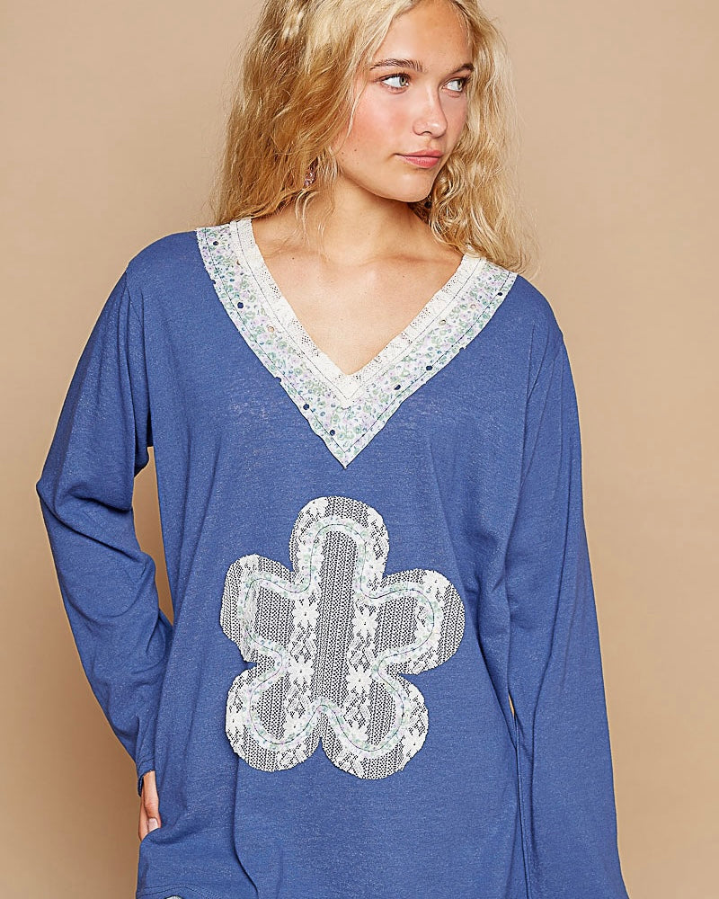 Ivory or Blue Relaxed Fit Lightweight Long Sleeve Lace Flower Patch Top