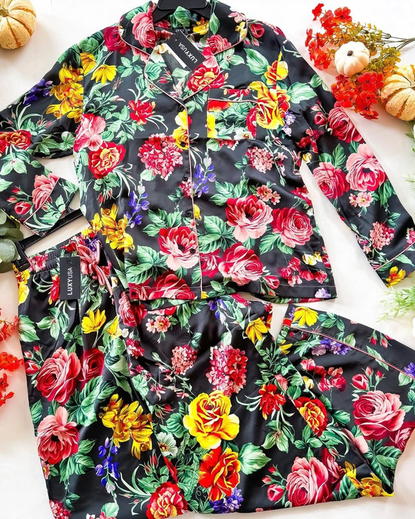 Black Floral Print 2 Pc Pant Satin Lined Pajama Lounge Set